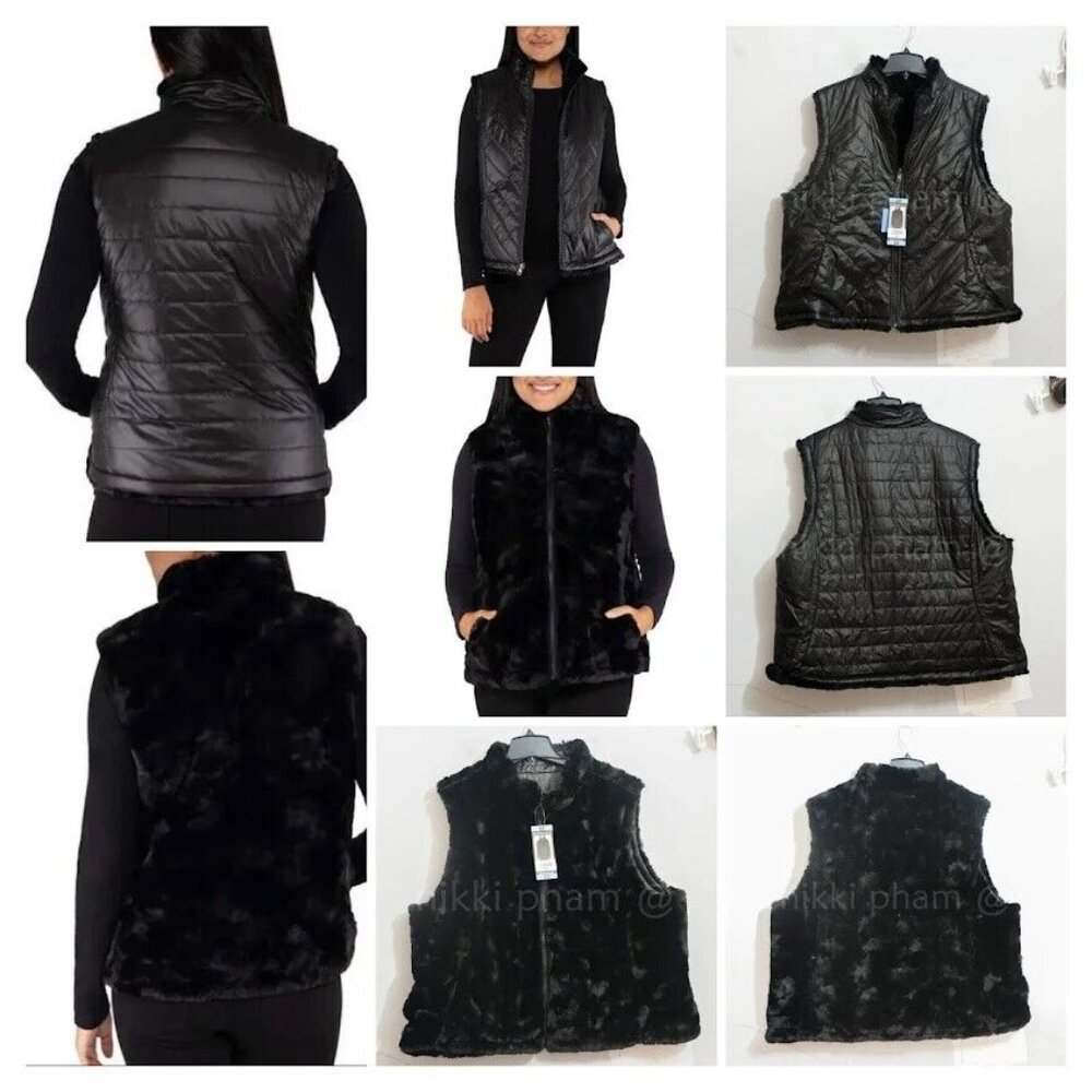 Nicole Miller Original Women's Reversible Faux Fur Vest in Black XXL